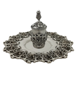 SMALL TOPAZIO 925 STERLING SILVER HANDMADE HEAVY FLORAL ORNATE LIQUOR CUP & TRAY