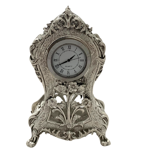 FINE SMALL 925 STERLING SILVER & QUARTZ HANDMADE FLORAL ENGRAVED STANDING CLOCK