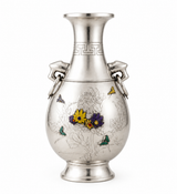 ANTIQUE KOREAN 925 STERLING SILVER & ENAMEL HANDMADE FLORAL BUTTERFLY "HU" VASE