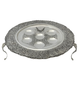 FINE 925 STERLING SILVER HANDMADE FLORAL LEAF APPLIQUE ORNATE 3 LEG SEDER PLATE