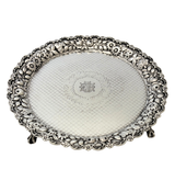 ANTIQUE HENNEGAN BATES & CO 925 STERLING SILVER HANDMADE REPOUSSE 3 LEG SALVER