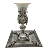 ITALIAN 925 STERLING SILVER HANDMADE LEAF APPLIQUE FLUTED ELIYAHU CUP & TRAY