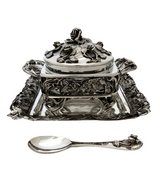 FINE ITALIAN 925 STERLING SILVER HANDMADE ROSE FLORAL APPLIQUE HONEY DISH & TRAY