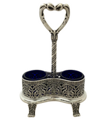 TOPAZIO 925 STERLING SILVER & BLUE CRYSTAL FLORAL LACE CHASED DOUBLE SALT HOLDER