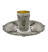 FINE 925 STERLING SILVER HANDMADE STRIATED LEAF APPLIQUE SWIRL ORNATE CUP & TRAY