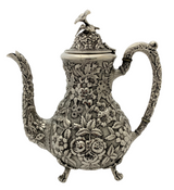 ANTIQUE 925 STERLING SILVER HANDMADE FLORAL CHASED COFFEE TEA POT OIL PITCHER