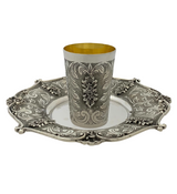 925 STERLING SILVER HANDMADE FLORAL CHASED SWIRL ORNATE MATTE & SHINY CUP & TRAY