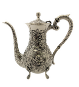 ANTIQUE 925 STERLING SILVER HANDMADE FLORAL CHASED COFFEE TEA POT OIL PITCHER