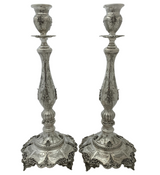 FINE 925 STERLING SILVER HANDMADE CHASED SWIRL ORNATE LEAF APPLIQUE CANDLESTICKS