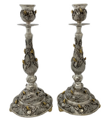 925 STERLING SILVER & GILDED HANDMADE MULTI BIRD LEAF TREE APPLIQUE CANDLESTICKS