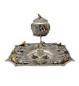 925 STERLING SILVER & GILDED HANDMADE MULTI BIRD LEAF APPLIQUE RIZHIN CUP & TRAY