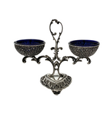 ITALY 925 STERLING SILVER & BLUE GLASS HANDMADE LACE ORNATE DOUBLE SALT HOLDER