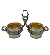 FINE LARGE 925 STERLING SILVER HANDMADE LEAF APPLIQUE CHASED DOUBLE SALT HOLDER