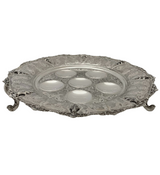 FINE 925 STERLING SILVER HANDMADE CHASED LEAF APPLIQUE ORNATE 3 LEG SEDER PLATE