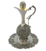 FINE 925 STERLING SILVER HANDMADE FLORAL LEAF APPLIQUE CHASED WINE BOTTLE & TRAY
