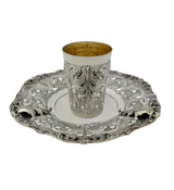 FINE 925 STERLING SILVER HANDMADE LEAF APPLIQUE CHASED ORNATE SHELL CUP & TRAY