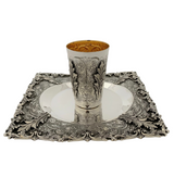FINE ITALY 925 STERLING SILVER HANDMADE LEAF APPLIQUE SWIRL ORNATE CUP & TRAY