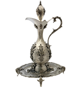 ITALIAN 925 STERLING SILVER HANDMADE LEAF APPLIQUE CHASED WINE BOTTLE & TRAY