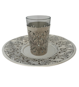 925 STERLING SILVER & GLASS HANDMADE OPEN CHASED FLORAL LEAF SWIRL CUP & TRAY