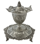 925 STERLING SILVER HANDMADE CHASED SWIRL FLORAL OPEN LACE HONEY DISH & TRAY