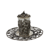 ITALY 925 STERLING SILVER & GLASS INSERT HANDMADE GRAPE LEAF CUP & COVER & TRAY