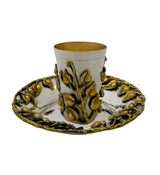 ITALIAN 925 STERLING SILVER & GOLD ENAMEL HANDMADE 3D LEAF APPLIQUE CUP & TRAY