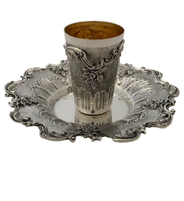 FINE 925 STERLING SILVER HANDMADE FLORAL ORNATE CHASED APPLIQUE MATTE CUP & TRAY