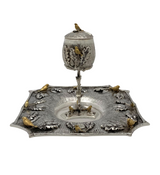 925 STERLING SILVER & GILDED HANDMADE MULTI BIRD LEAF APPLIQUE VIZNIZ CUP & TRAY