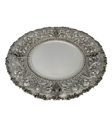 LARGE 925 STERLING SILVER HANDMADE SWIRL CHASED ORNATE LEAF APPLIQUE ROUND TRAY