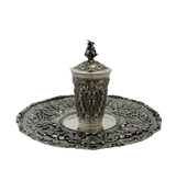ITALY 925 STERLING SILVER HANDMADE LEAF ORNATE MATTE & SHINY CUP & TRAY & COVER
