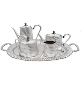TOPAZIO 925 STERLING SILVER HANDMADE MODERN FLUTED SHINY SLEEK TEA SET & TRAY