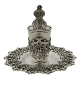 FINE TOPAZIO 925 STERLING SILVER HANDMADE HEAVY FLORAL ORNATE CUP & TRAY & COVER