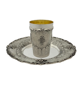 FINE 925 STERLING SILVER HANDMADE FLORAL APPLIQUE ORNATE MATTE SHINY CUP & TRAY