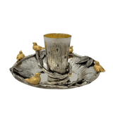 925 STERLING SILVER & GILDED HANDMADE MULTI BIRD & LEAF APPLIQUE TREE CUP & TRAY