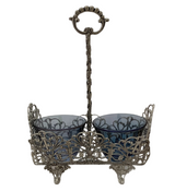 ITALIAN 925 STERLING SILVER & BLUE CRYSTAL HANDMADE ORNATE DOUBLE SALT HOLDER