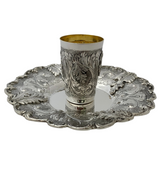 FINE ITALIAN 925 STERLING SILVER HANDMADE CHASED FLORAL LEAF APPLIQUE CUP & TRAY