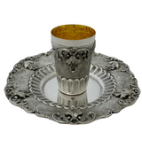 FINE 925 STERLING SILVER HANDMADE LEAF APPLIQUE ORNATE MATTE SHINY CUP & TRAY