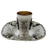 FINE ITALIAN 925 STERLING SILVER HANDMADE CHASED SWIRL LEAF APPLIQUE CUP & TRAY
