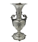 LARGE ITALY 925 STERLING SILVER HANDMADE LEAF APPLIQUE FLOWER VASE W HANDLES