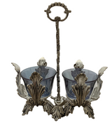 FINE ITALIAN 925 STERLING SILVER & BLUE CRYSTAL LEAF APPLIQUE DOUBLE SALT HOLDER