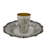 FINE ITALIAN 925 STERLING SILVER HANDMADE FLORAL ORNATE MATTE & SHINY CUP & TRAY