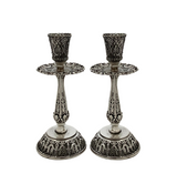 FINE ITALIAN 925 STERLING SILVER HANDMADE LEAF ORNATE SHINY ROUND CANDLESTICKS