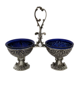 ITALY 925 STERLING SILVER & BLUE CRYSTAL HANDMADE FLORAL LACE DOUBLE SALT HOLDER