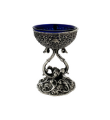 ITALY 925 STERLING SILVER & BLUE GLASS HANDMADE BAROCCO LACE ORNATE SALT HOLDER