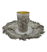 FINE 925 STERLING SILVER HANDMADE LEAF APPLIQUE SWIRL MATTE & SHINY CUP & TRAY