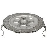 FINE 925 STERLING SILVER HANDMADE CHASED FLORAL LEAF APPLIQUE 3 LEG SEDER PLATE