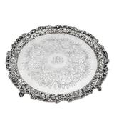 ANTIQUE S. KIRK & SON 925 STERLING SILVER HANDMADE REPOUSSE FLORAL 3 LEG SALVER