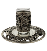 ITALIAN 925 STERLING SILVER & GLASS INSERT HANDMADE HEAVY OPEN FLORAL CUP & TRAY