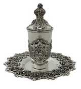 FINE TOPAZIO 925 STERLING SILVER HANDMADE HEAVY FLORAL ORNATE CUP & TRAY & COVER