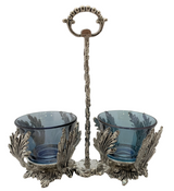 FINE ITALIAN 925 STERLING SILVER & BLUE CRYSTAL LEAF APPLIQUE DOUBLE SALT HOLDER